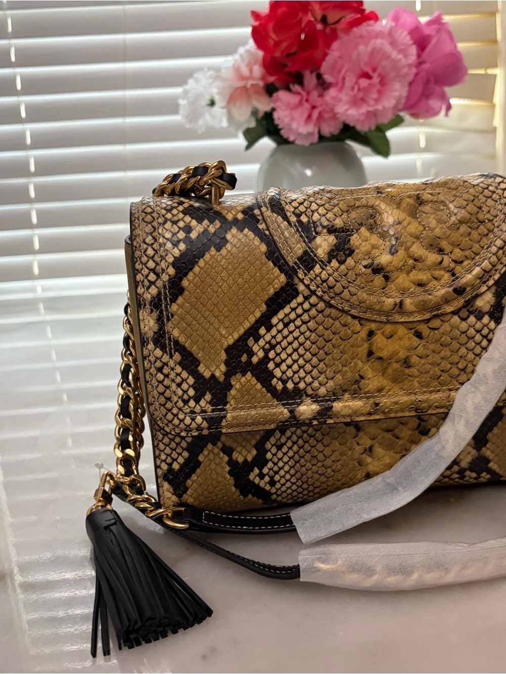 NWT Tory Burch Fleming Snakeskin Embossed Convertible Shoulder Bag Sand Drift